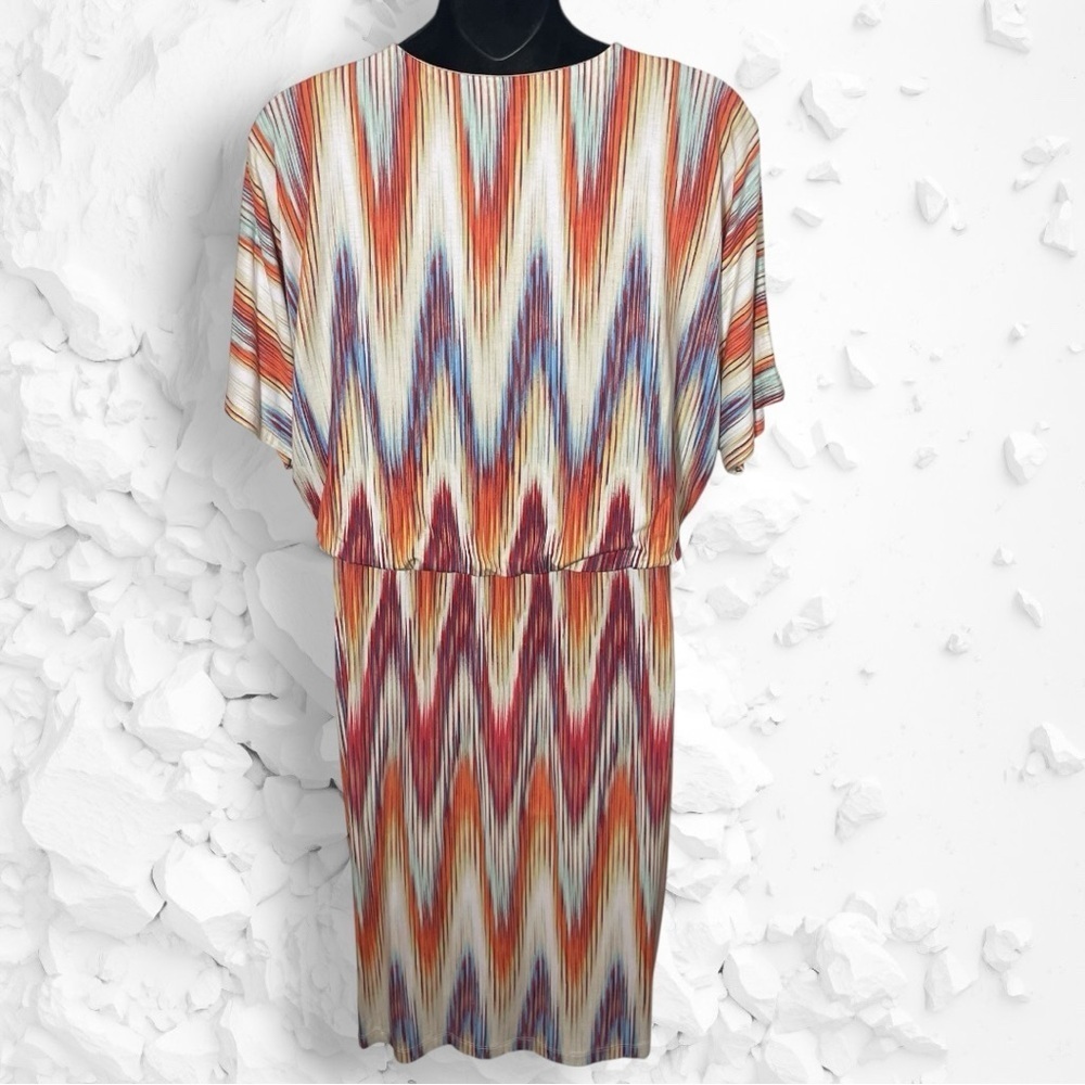Chico’s NWT Ikat Print Multicolor Short Sleeve Dress Size Medium(Chico’s Size 1) - Picture 9 of 15